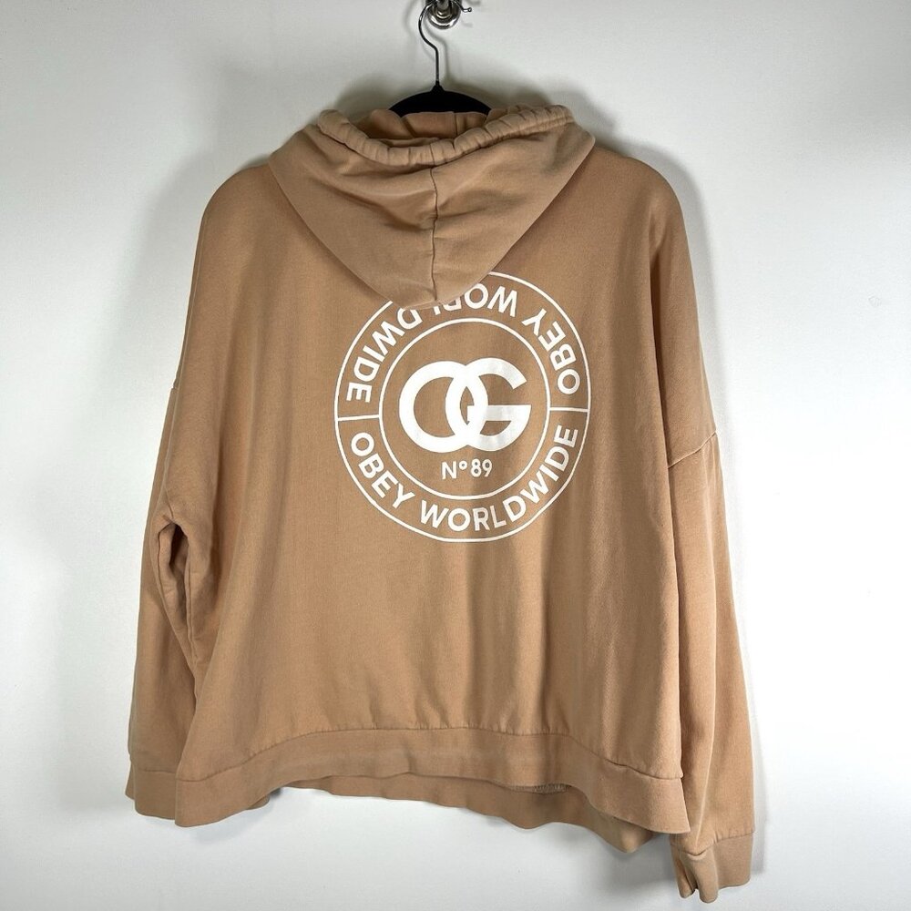 Obey Hoodie Crop Peach Womens Size Large Graphic Print‎ Back Outdoor